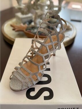 SCHUTZ Champagne Glitter Cage High Heel Sandal